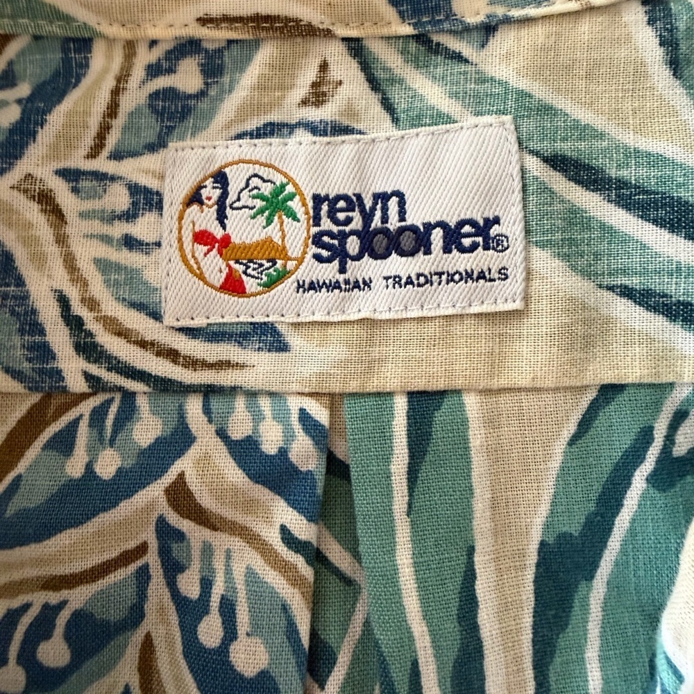 Reyn Spooner Beige and Teal Tropical Print Short-Sleeve Button-Up size L - Picture 5 of 8